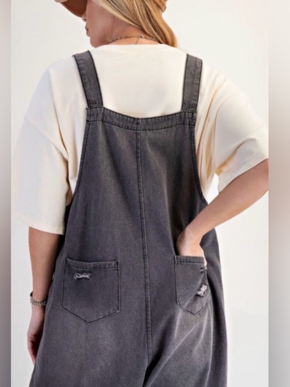 NWT: Easel Distressed Black Vintage Wash Oversized Denim Jumper Overalls•Small - Picture 3 of 6